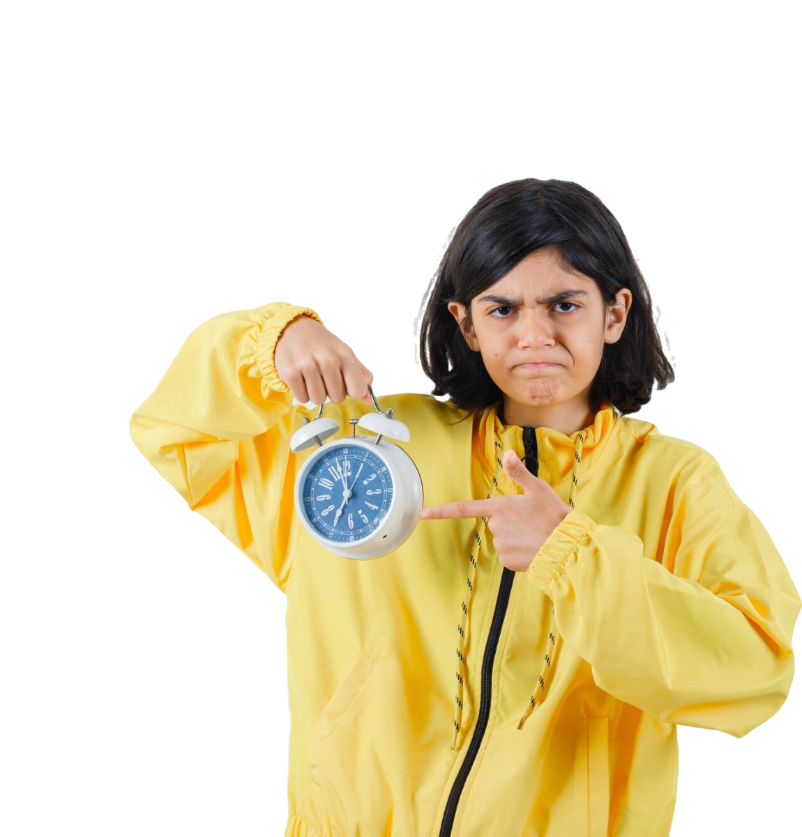 young-girl-holding-clock-pointing-it-with-index-finger-yellow-bomber-jacket-looking-angry